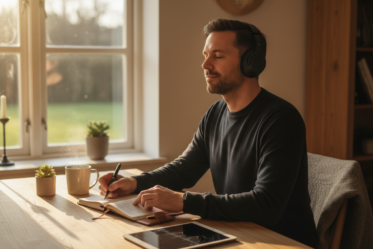 hombre escuchando audios motivacionales en la mañana, escribiendo algo